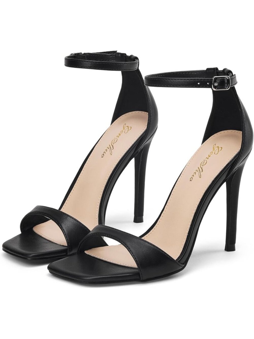 Women's Solid Black 4 Inch Stiletto Ankle Strap Square Open Sexy Heeled Sandal
